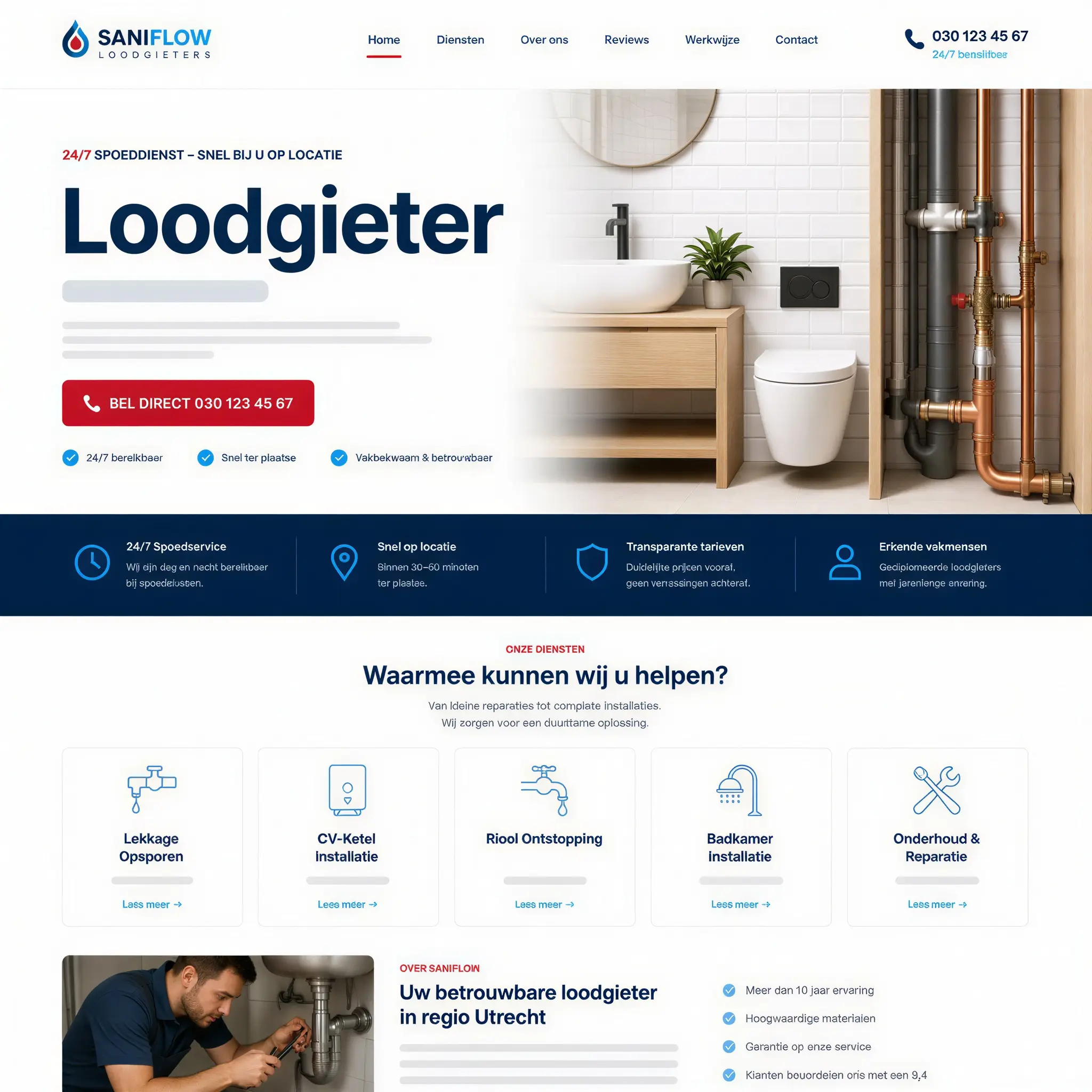 Voorbeeld van een one-page website die wij bouwden voor een loodgietersbedrijf